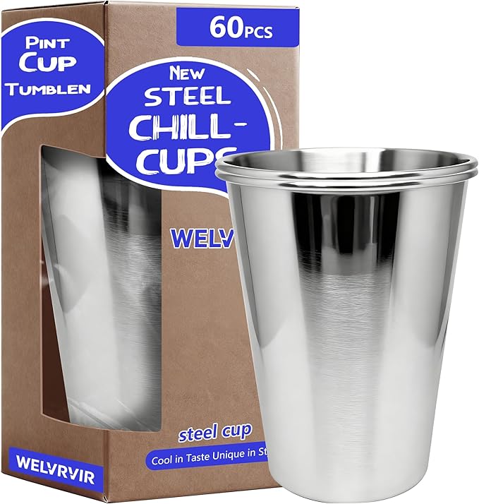 20oz 60PCS Stainless Steel Pint Cup,Pint Tumbler,Reusable metal Cups,Stainless Steel Water Tumbler,BPA Free,Stackble,Durable,Unbreakable Metal Drinking Glasses for Bar,Banquet Mugs (60, 20OZ)