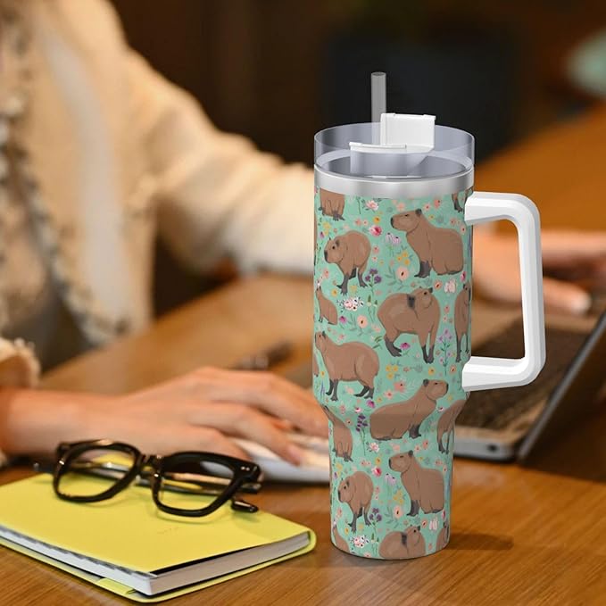 Capybara Gifts Capybara Tumbler Cute Cup Water Bottle for Girls, Teens, Women, Men Stainless Steel Vacuum Insulated 40oz Tumbler with Lid and Straw for Water, Iced Tea or Coffee, Green