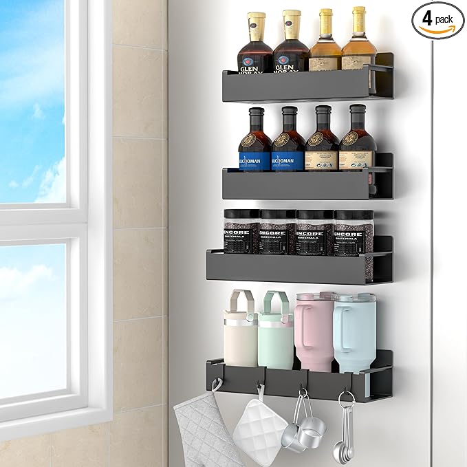 4 Pack Magnetic Spice Rack Organizer for Refrigerator and Oven, Black Fridge Organizers and Storage for Kitchen