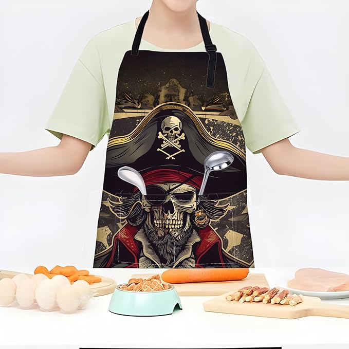 Pirate Skull Apron,Adjustable Waterproof Oxford Fabric Kitchen Apron with 2 Pockets for Men and Women, Cooking, Baking, BBQ, Coffee Shop, Housewarming Gifts, 28x33 Inches
