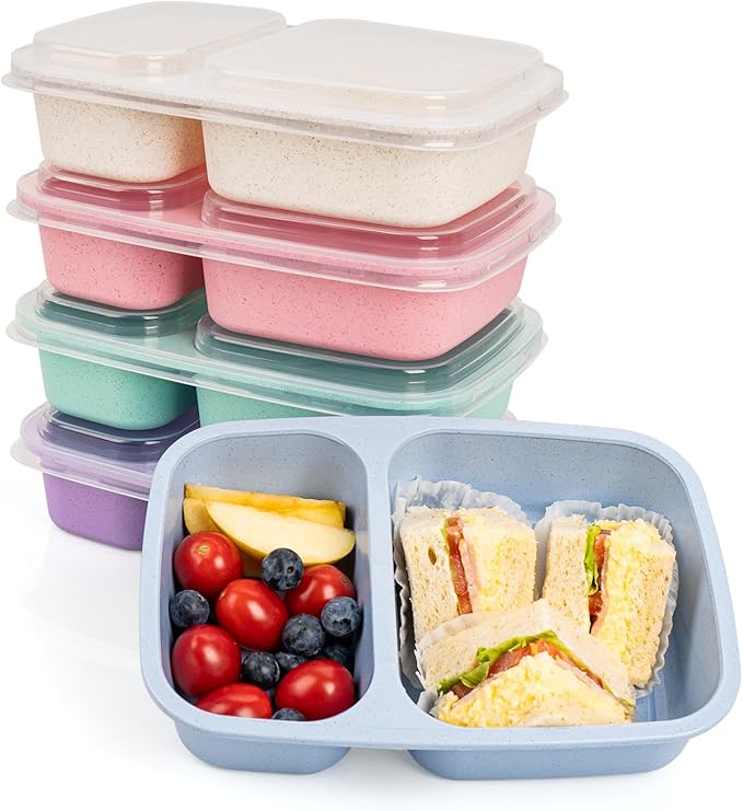 Bento Lunch Box 2 Compartment Lunch Containers, Reusable Kids Lunch Box Containers with Lids, Stackable Food Containers for Lunch, Microwave & Dishwasher Safe for Travel Work & School(5 Pack)