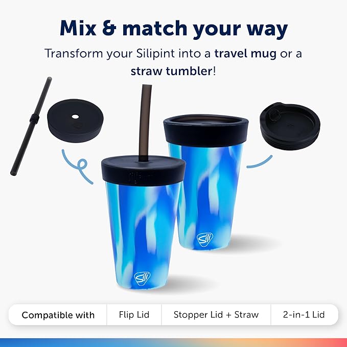 Silipint 16oz Silicone Pint Glass – Unbreakable BPA-Free Reusable Silicone Drinking Cup – Flexible Dishwasher Microwave & Freezer Safe – Stemless Glass for Water Coffee Smoothies (Arctic Sky)