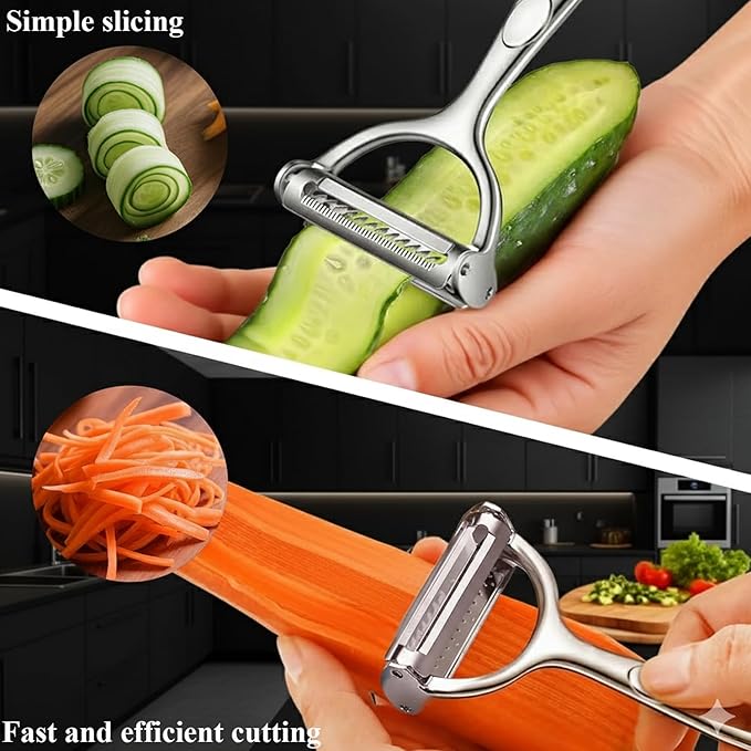 Stainless Steel Peeler and Shredder. With durable, rust-resistant steel blades and a comfortable handle, this multi-purpose tool helps you peel carrots, potatoes, and fruits faster (1 pcs).