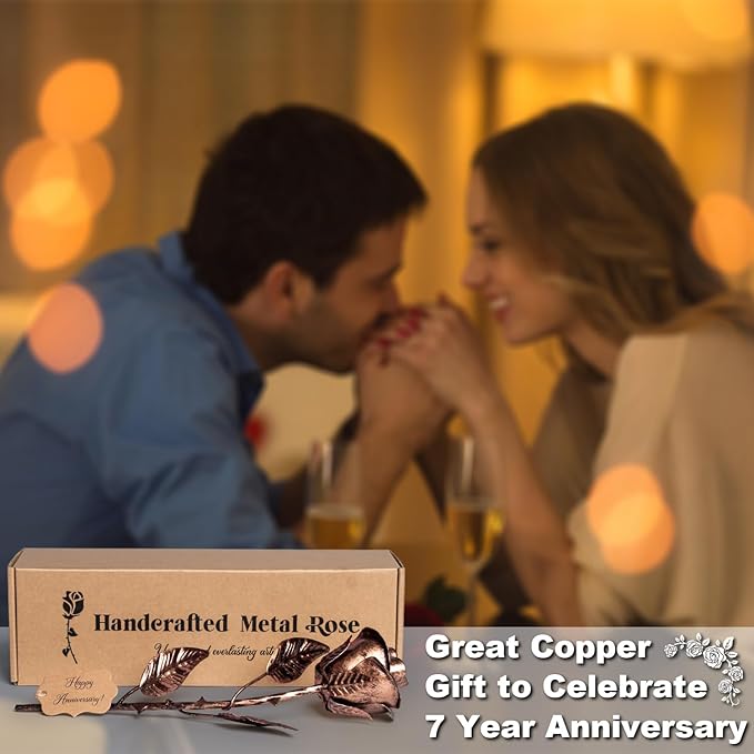7 Year Anniversary Copper Gift for Her - Metal Rose Copper Gift for Wife 7th Wedding Anniversary for Him Husband Couples, Everlasting Flower 22nd 22 Year Handcrafted Love Stained Artwork