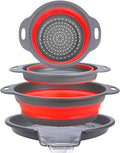 Collapsible Colander Set with Universal Draining Tray | 3-Pack Foldable Kitchen Strainers + Base | Space Saving for Pasta, Veggies, Fruit & Rice | 5 Colors (Gray-Red)