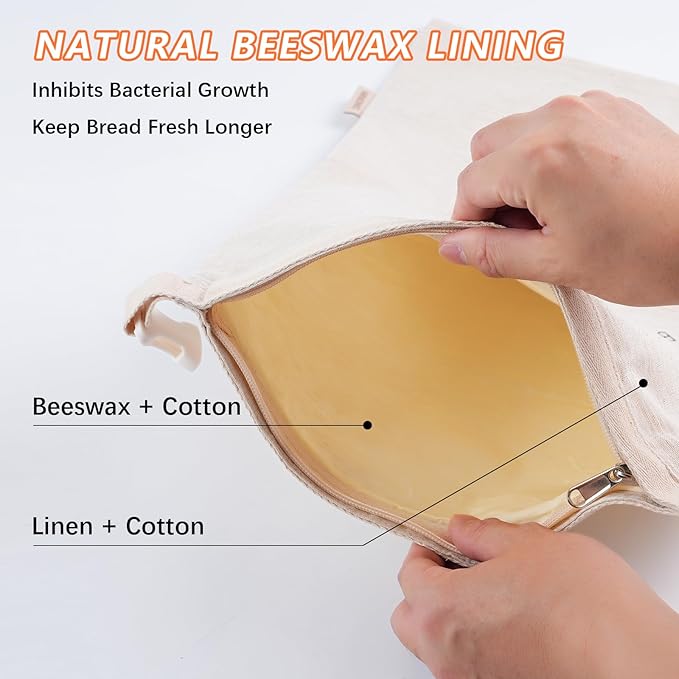 ORORIN Beeswax Bread Bags for Sourdough,Reusable Linen Waxed Sourdough Bread Bags for Homemade Bread,Bread Storage Container to Keep Fresh,Zipper Freezer Bags,Sourdough Accessories (2-Pack)
