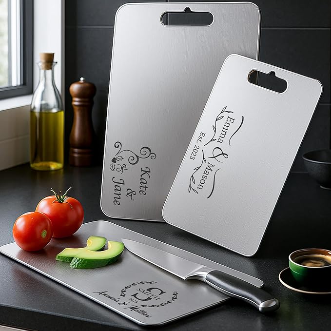 Personalized Titanium Cutting Board, 100% Pure Titanium, Stainless Steel board, Double-Sided Cutting Boards for Kitchen, Custom Engraved Gift for mom, wife, parent, birthday, anniversary, or Christmas