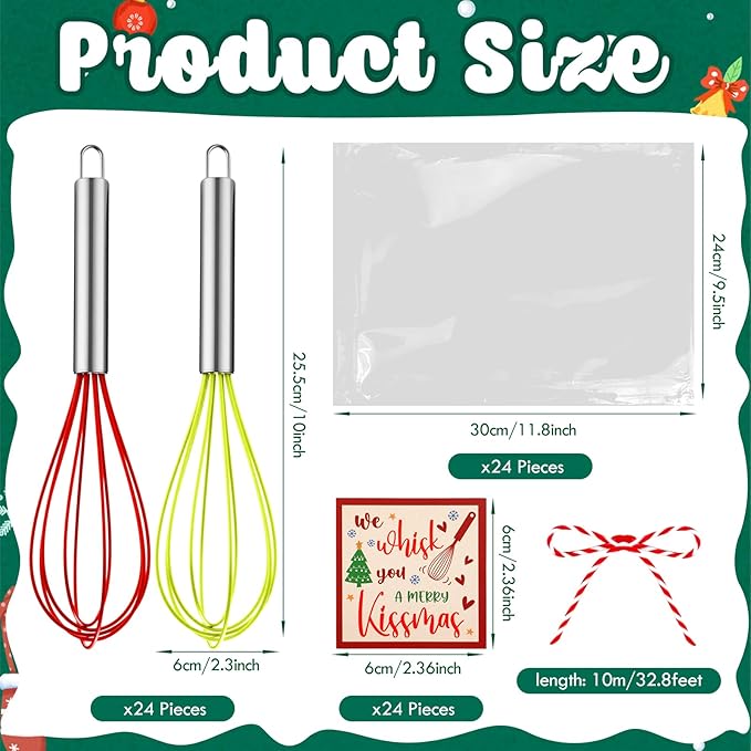 24 Sets 10 Inch Christmas Whisks Supplies Gifts Sets, Includes Silicone Whisks, Greeting Cards, Ribbons, Plastic Bags DIY Fillable Christmas Tree Ornaments for Xmas Cooking Supplies Gift