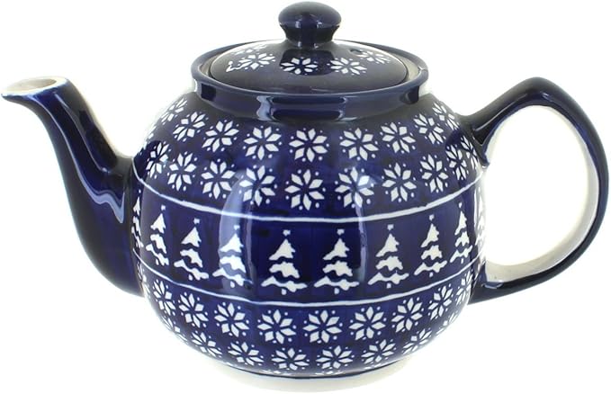 Blue Rose Polish Pottery - Blue Winter Nights Medium Teapot - 4 Cup Capacity - Polish Pottery Holiday Teapot, Festive Design for Coffee & Tea Service