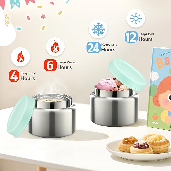 Kids Lunch Box Set -12oz Insulated Food Jar, Thermal Bag,Leakproof Lunch Food Containers Cutlery (BPA Free)-Gift for Girls/Boys Age 3-10(Green)