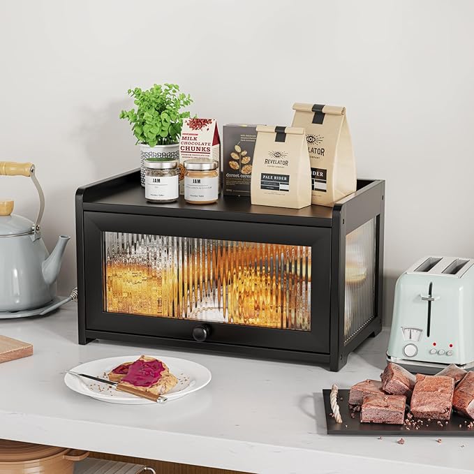 BAMBANG Bamboo Bread Box for Kitchen Counter, Large Capacity Bread Storage Container Farmhouse Bread Box with 3 Sides Wavy & Back Clear Window, Breadbox Bread Bin Holder for Homemade Bread, Black