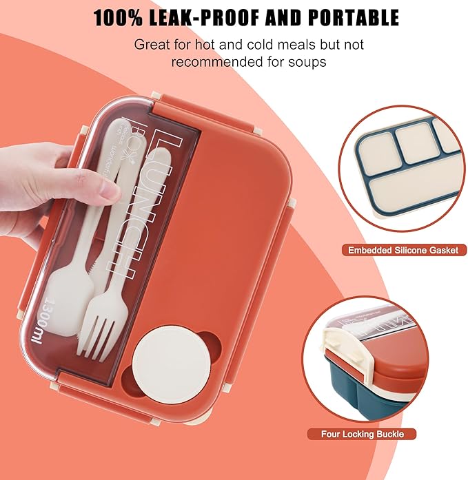 Bento box adult work lunch box, adult container, with 4 compartments, lunch container with cutlery ( knife, fork, spoon, sauce box), animal fruit fork, microwave and dishwasher safe, Orange Blue