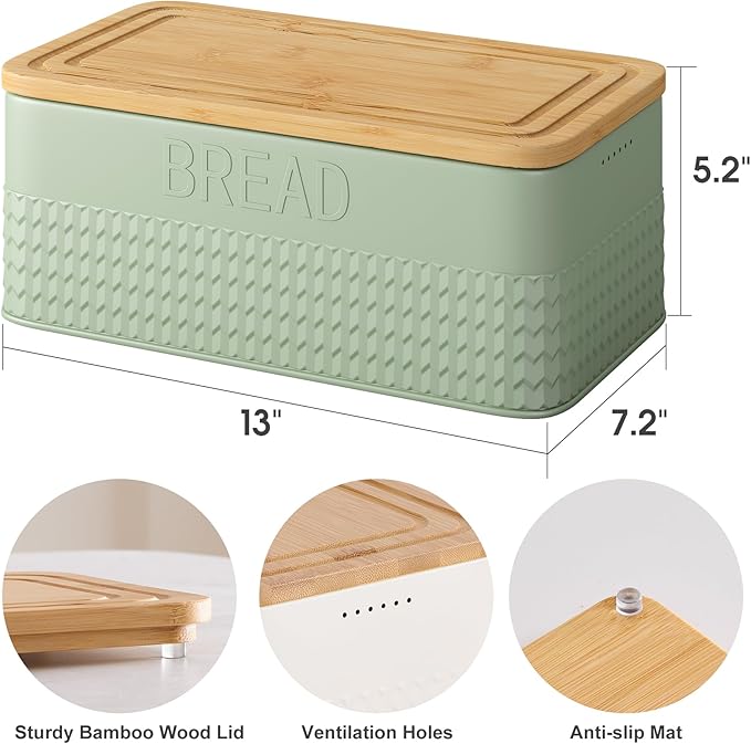 Bread Box for Kitchen Countertop, Large Bread Storage Container with Bamboo Lid, Iron Farmhouse Bread Box for Your House, Green