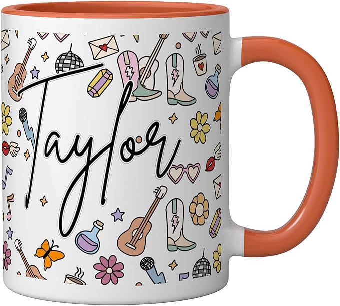 Girl Retro Taylor First Name Coffee Mug for Men Women Ceramic Mug, Orange/White