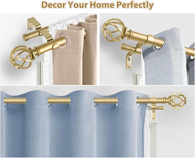 KAMANINA 1 Inch Double Curtain Rods 66 to 120 Inches (5.5-10 Feet) Telescoping Heavy Duty Drapery Rods for Windows 54 to 115 with Twisted Cage End, Warm Gold