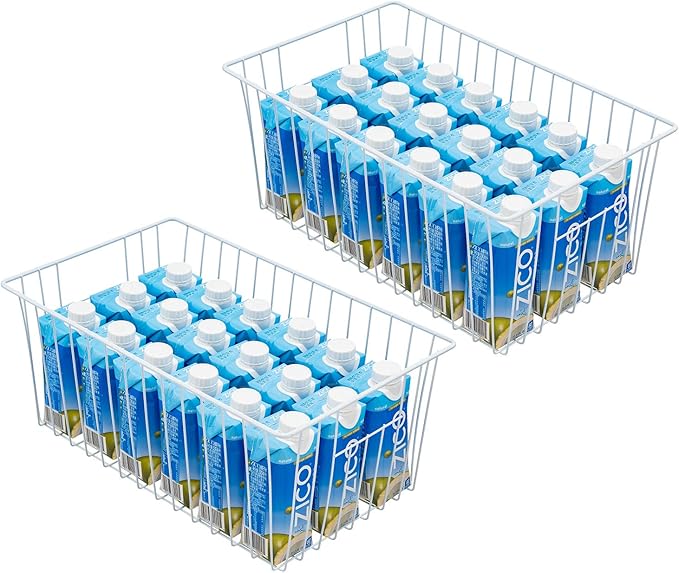 16" L x 12" W Wider Freezer Storage Organizer Baskets Container, Deep Metal Wire Chest Upright Refrigerator Divider with Built-in Handles for Cabinet, Pantry, Closet, Kitchen