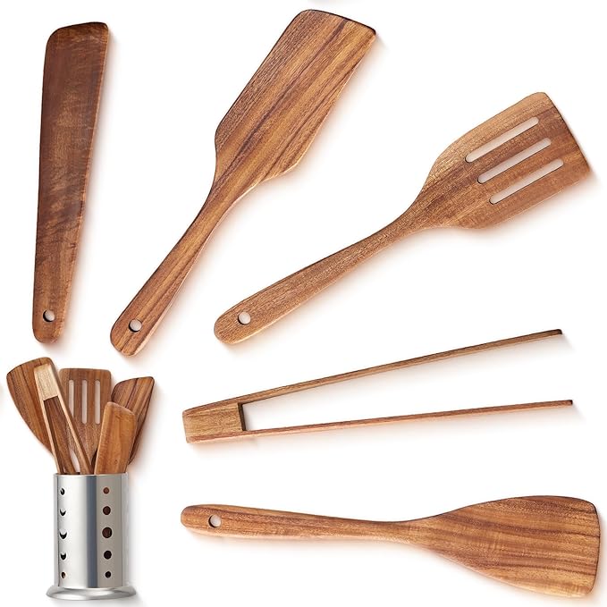 OOZi 6-Piece Acacia Wood Cooking Spatula Set – Flip, Stir & Serve Effortlessly with Turner, Tongs, Scraper & Stainless Holder