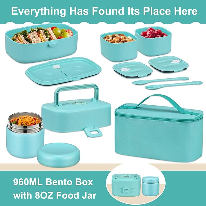 Bento Lunch Box with 8oz Soup Thermo, Kids Sustainable Bento Box Leakproof Lunch Food Containers with Lunch Bag, Kids Thermo Insulated Hot Food Jar for School, Trvael (Blue)