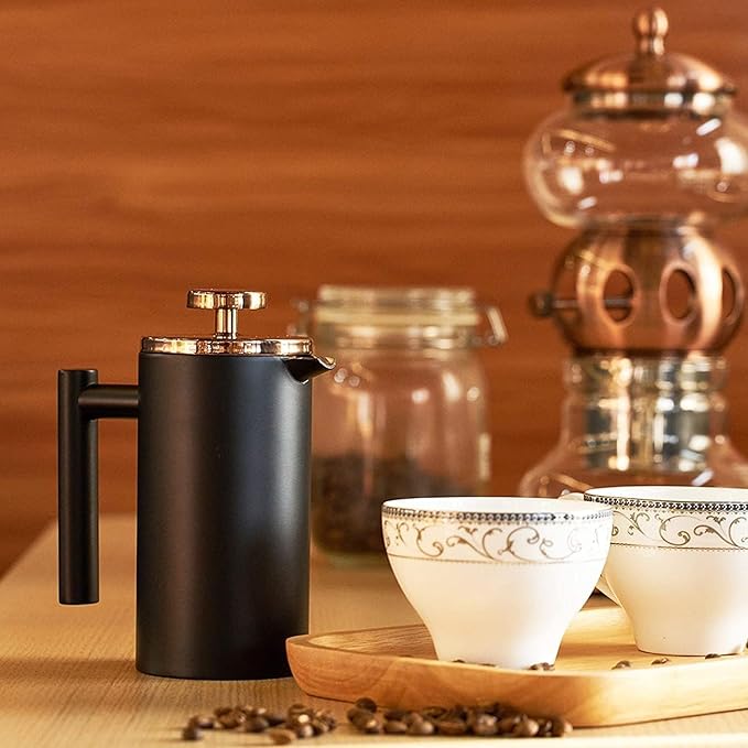 Miuly 12oz French Press for One Person, Small Coffee Press 350ml with 2 Filter Mesh, Double Wall Insulated French Press for Travel, Black