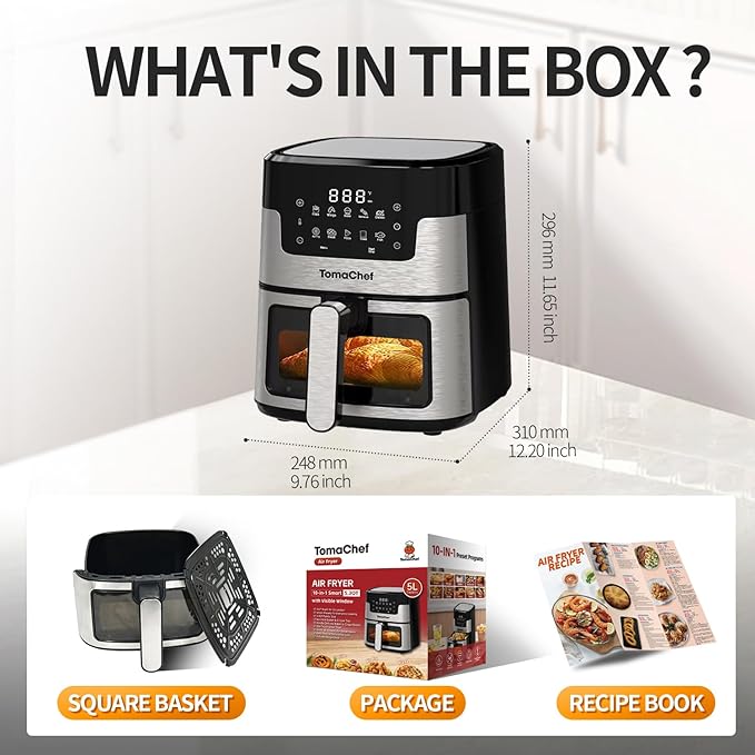 Air Fryer 10-in-1, 5.3QT Compact Oil Free Cooker with Visible Window & Dishwasher Safe Basket，Healthy Cooking, Digital Control for Family