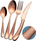 16-Piece Modern Copper Hammered Silverware Set with Ultra Sharp 2-IN-1 Serrated Knife, Rose Gold 18/10 Stainless Steel Flatware Set, Utensil Cutlery Set for 4 Person, Forks Spoons Knives Set