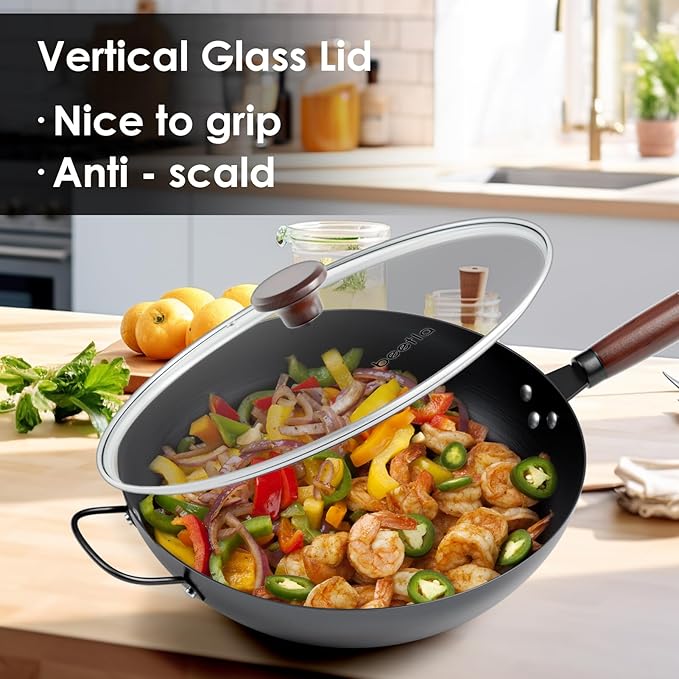 Steel Wok Pan, 11.8-inch/12.6-inch/13.4-inch Stir Fry Pans Chinese Wok Flat bottom Iron wok for Induction, Electric, Gas, Halogen All Stoves Ideal for Stovetop Cooking (13.4-inch)