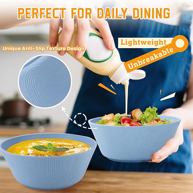 Homienly Wheat Straw Bowls 36 Oz Set of 6 - Unbreakable Microwave Safe Soup Bowls & Cereal Bowl, Reusable Plastic Bowls for Kitchen, Dining, Camping, Party, Dishwasher Safe Ramen Bowl (Sky Blue)