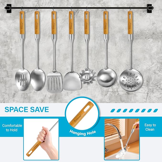 Stainless Steel Cooking Utensils Set with Wooden Handle, 7 Pcs Long Kitchen Utensil Set Stainless Steel, Heat Resistant Metal Spatula Set for Cooking with Turners, Skimmer, Ladle, Pasta Fork