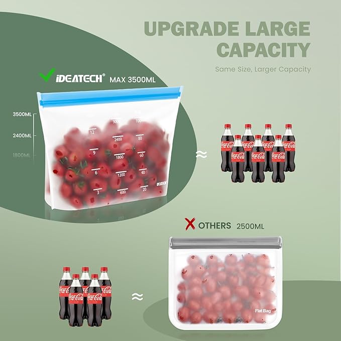 IDEATECH Reusable Bags Dishwasher Safe, BPA Free Reusable Gallon Freezer Bags, Stand Up Leakproof Food Storage Bags for Marinate Meats, Salad Fruit, Vegetables, Home Organization -Gray 6 Gallon