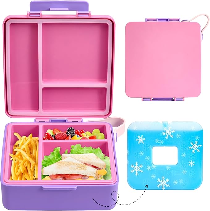 Chill Bento Lunch Box for Kids Adult with Ice Pack,Leak Proof 3 Compartments Lunch Container for Kids,Ice Pack Detachable Bento Box,BPA Free,Dishwasher & Microwave Safe-Pink Purple
