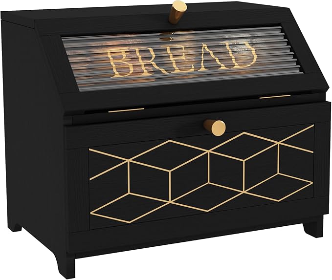 Double Layer Bread Box With Golden Trim for Countertop, Wooden Bread Container for Kitchen Counter, Corner Bread Storage (Black1)