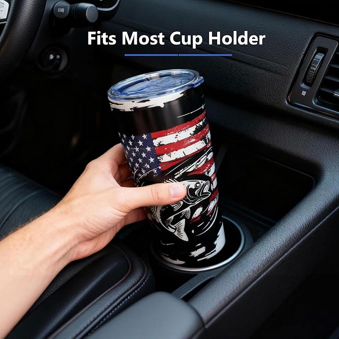 20oz Fishing Tumbler - Stainless Steel Vacuum Insulated | Fishing & American Flag Design, Leak-Proof Travel Mug for Hot/Cold Drinks, Patriotic Gift for Anglers, Fisherman & Outdoor Fans