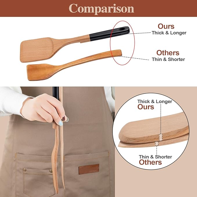 Wooden Spoons For Cooking, 6 PCS Natural Beech Wooden Cooking Utensils with Hanging Hole, Smooth Grip, Kitchen Essentials, Black