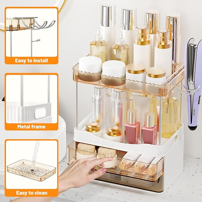 Shower Organizer, 2-Tier Bathroom Counter Organizer with 2 Drawers, Large Capacity Storage for Skincare Makeup Cosmetic Perfume Hairdryer, Bathroom Decor, Shower Accessories (Amber)