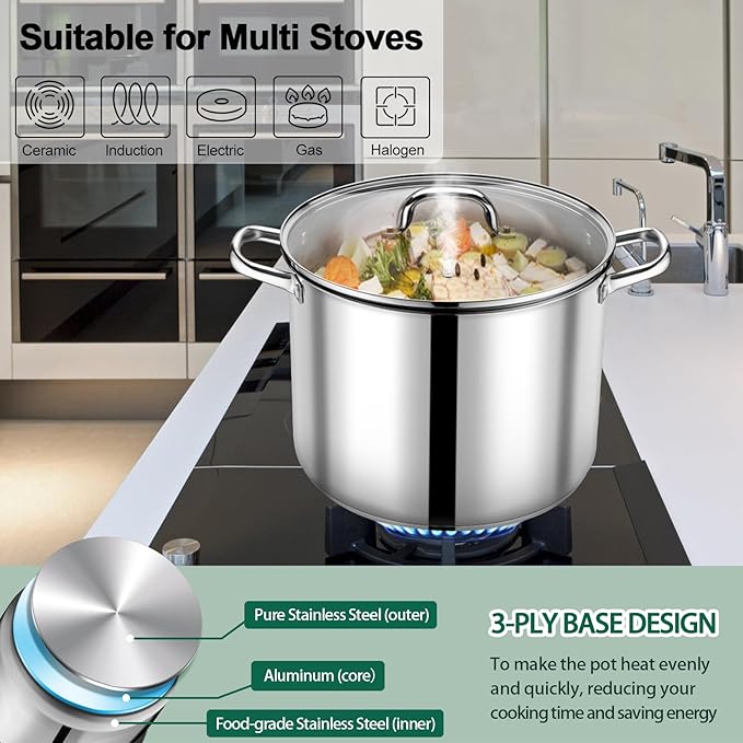 P&P CHEF 20 QT Stock Pot with Lid, Stainless Steel Large Cooking Pot, Soup Canning Stockpot for Stewing Simmering, Tri-ply Bottom for All Stoves, Heavy-Duty &Dishwasher Safe & Food-Grade