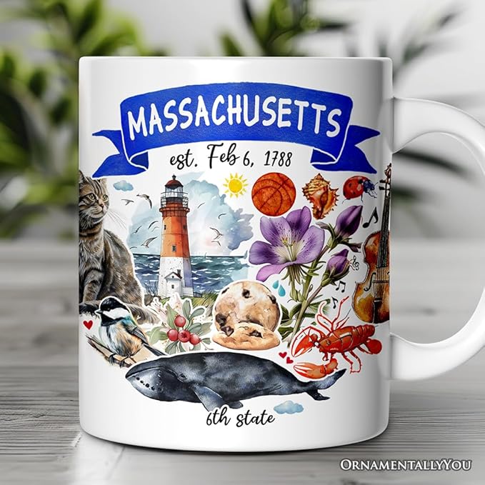 OrnamentallyYou State Travel Landmark Mugs – 12 oz Ceramic Coffee Cups, U.S. Souvenir Gift for Tourists (Artistic Massachusetts State Themes and Landmarks Mug)
