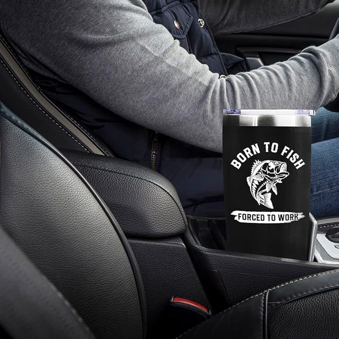 Fishing Gifts For Men Gifts for Fathers Day 20oz Black Born To Fish Forced to Work Travel Tumbler Birthday Christmas Presents For Grandpa Dad Uncle Boyfriend Fishing Lover Travel Cup With Lid Straw