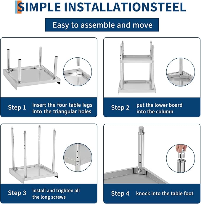 24x24x30 in Stainless Steel Equipment Grill Stand Table 400 LBS Capacity NSF Certified with Adjustable Legs, 2 in Edge Baffle, for Hotel, Home, Commercial Restaurant Kitchen