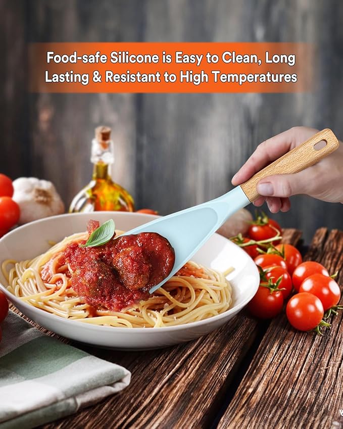 Cooking Spoon for Nonstick Cookwares, Great for Cooking and Serving Sturdy BPA-Free Matte Silicone, Wood Handle Spoon for Mixing, Scoop, and Scrape (BLUE)