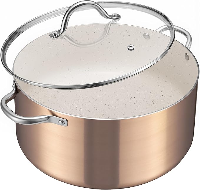 BEZIA 6 Quart Nonstick Stock Pot with Lid, Induction Cooking Pot Pot for All Stovetops, Non-toxic and Oven Safe, PFOA PFAS Free, Golden