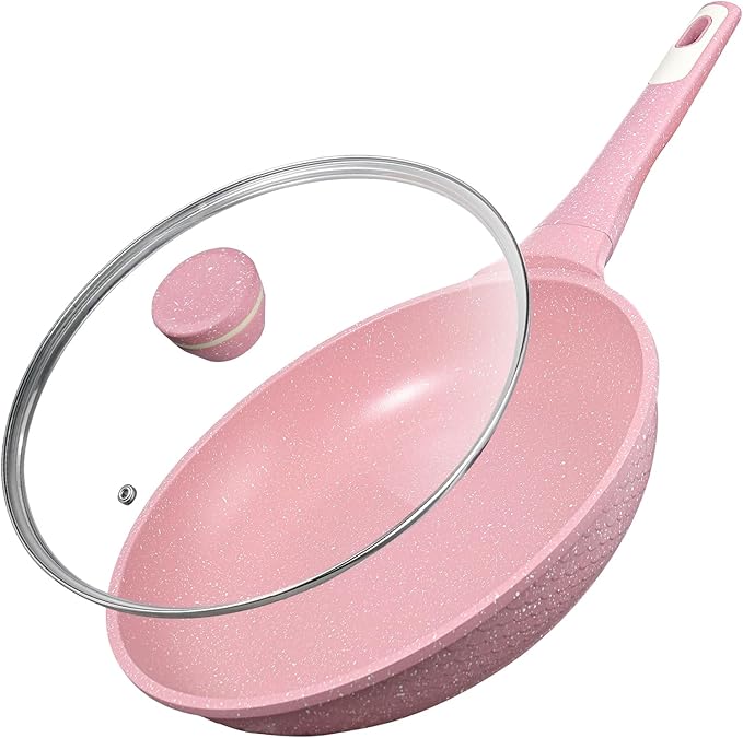 10 Inch Non Stick Frying Pans with Lid - 100% PFOA PFAS Free, Super Nonstick, All Stovetop Compatible Induction Gas Electric, Omelette & Egg Pan, Dishwasher Safe, Eco-Friendly Pink Pan