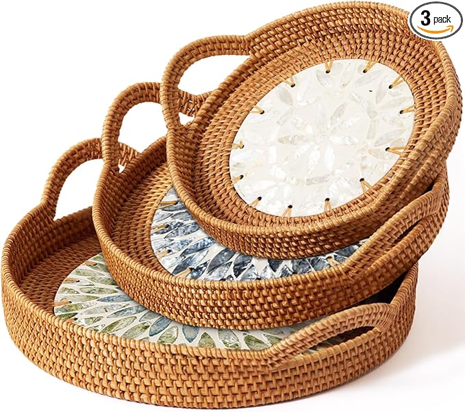 Christmas Gift Set – 3 Handwoven Rattan Trays with Natural Shell Inlay, Boho Decorative Wicker Serving & Coffee Table Trays with Handles for Home Decor, Candles, Snacks & Holiday Entertaining