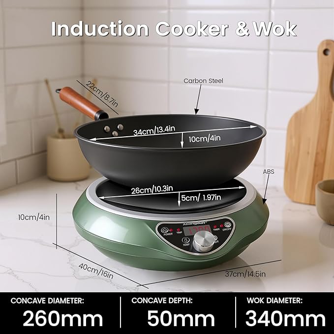 1700W Wok Induction Cooktop with 13.4” Nitride Carbon Steel Wok Round-Bottom & Flat-Pan Compatible, Electric Stir-Fry Wok Set for Home & Restaurant, No-Coating, Even Heating