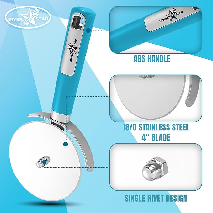 Pizza Cutter Wheel 4” – Sharp Stainless Steel Blade for Effortless Slicing – Ergonomic Grip, Dishwasher Safe – Professional Pizza Slicer for Thick Crust, Flatbreads, Dough – DIVIDESTAR (Blue)