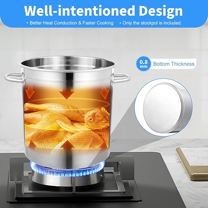 35L/30Qt Stainless Steel Stockpot, Kitchen Soup Big Cooking, Commercial Heavy Duty Canning Pot Stockpot with Lid and 2 Handles for Hotels Restaurants Kitchens Warehouses
