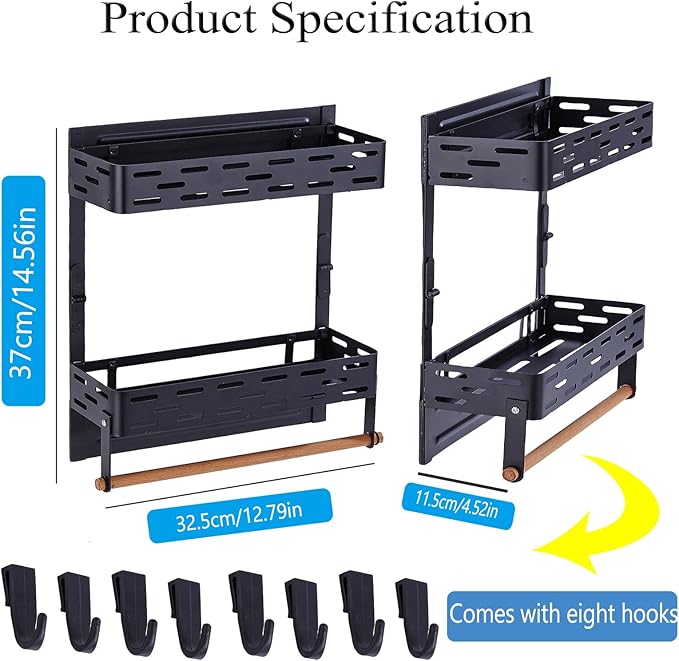 Magnetic Spice Rack for Refrigerator, Magnetic Shelf for Fridge Moveable Magnetic Paper Towel Holder Metal Fridge Magnet Orqanizer 8 Hooks for Kitchen Space Saving