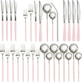 Astercook Silverware Set with Steak Knives 24-Piece Flatware Set for 4 Food-Grade Stainless Steel Pink Cutlery Set Mirror Polished Utensils Set Include Spoons and Forks for Home Kitchen Restaurant