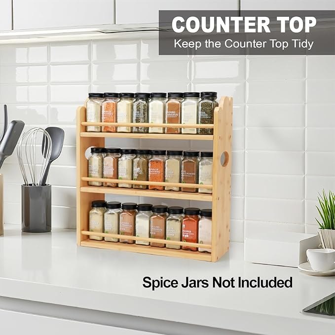 3 Tier Bamboo Spice Rack, Spice Rack Organizer, Seasoning Jars Rack Shelf Spice Organizer for Kitchen Counter or Wall Mounting, Spice Storage Holder with handles, Jars Not Included,Natural