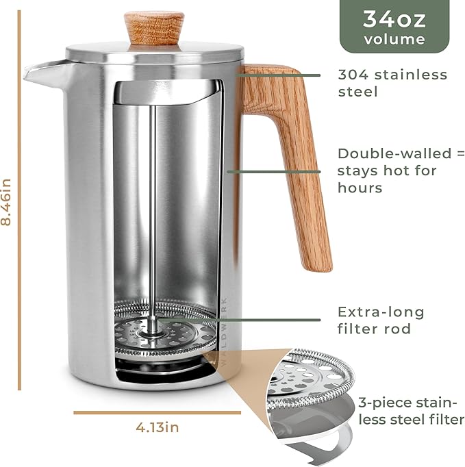 WALDWERK French Press (34 oz) - Stainless Steel Double Wall French Press Coffee Maker - Plastic Free Coffee Press with Oak Wood Handle - Insulated Stainless Steel Coffee Maker