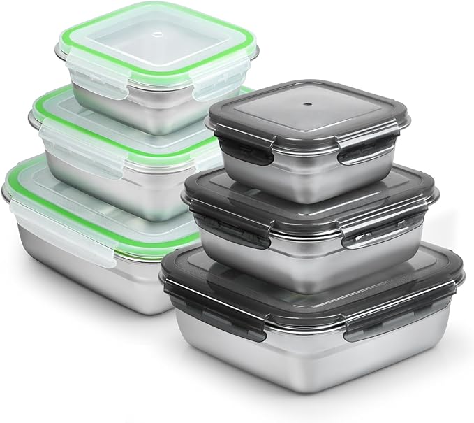 6 Pack Stainless Steel Food Storage Containers with Leak-Proof Lids, 2 Sets (12/24/40 oz) Reusable Metal Meal Prep Lunch Boxes, BPA-Free, Dishwasher Safe for Sandwich, Snacks & Fruit (2 Colors)